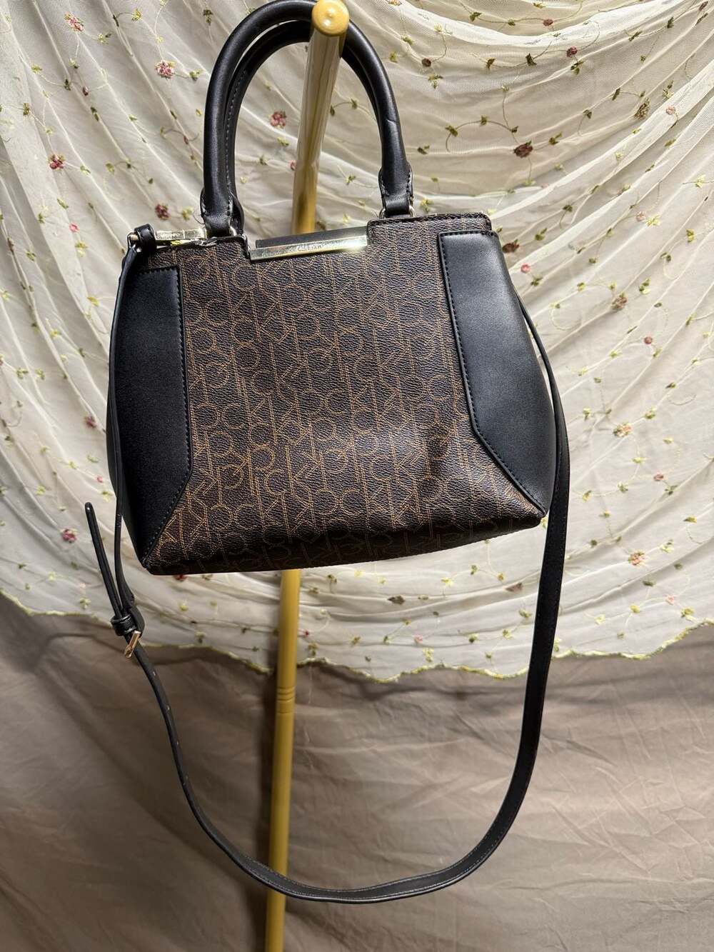 Calvin Klein Monogram Logo Print Satchel Handbag with Gold-Tone Hardware